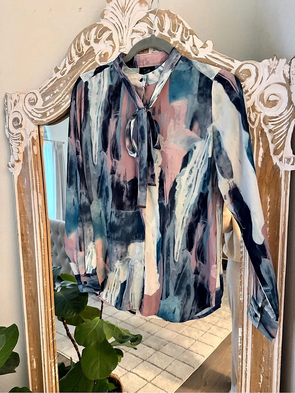 Abstract Print Tie Neck Shirt in Blue & Pink Like New